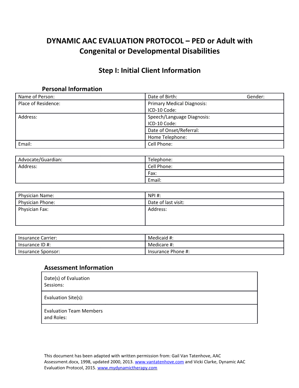 DYNAMIC AAC EVALUATION PROTOCOL PED Or Adult with Congenital Or Developmental Disabilities