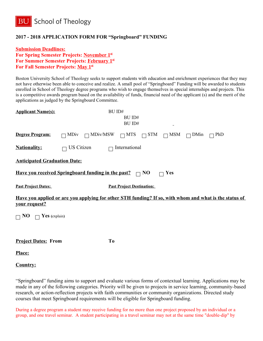 2017- 2018APPLICATION FORM for Springboard FUNDING