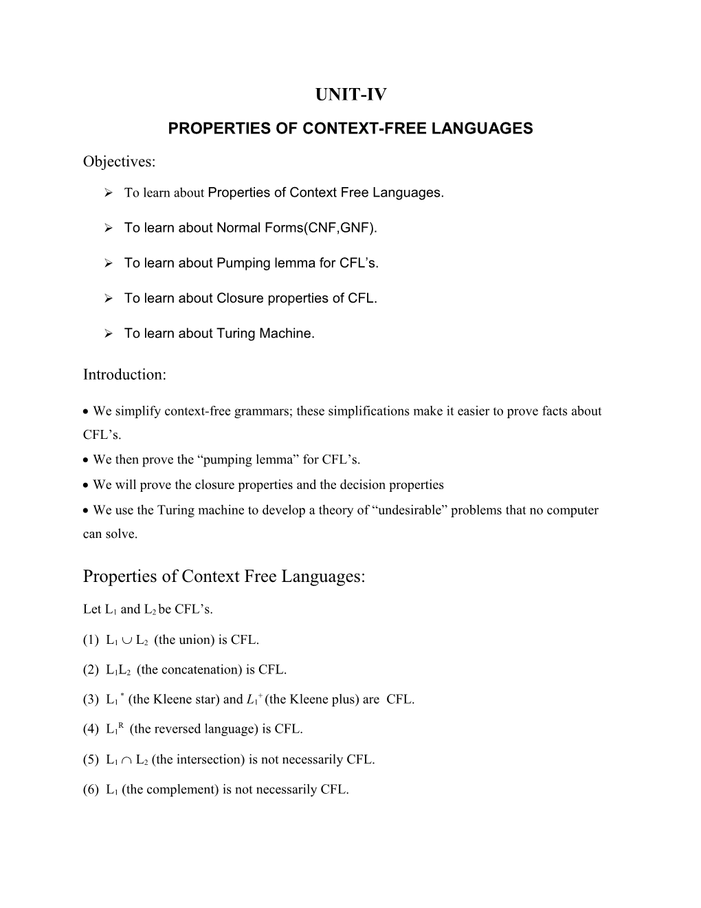 Properties of Context-Free Languages