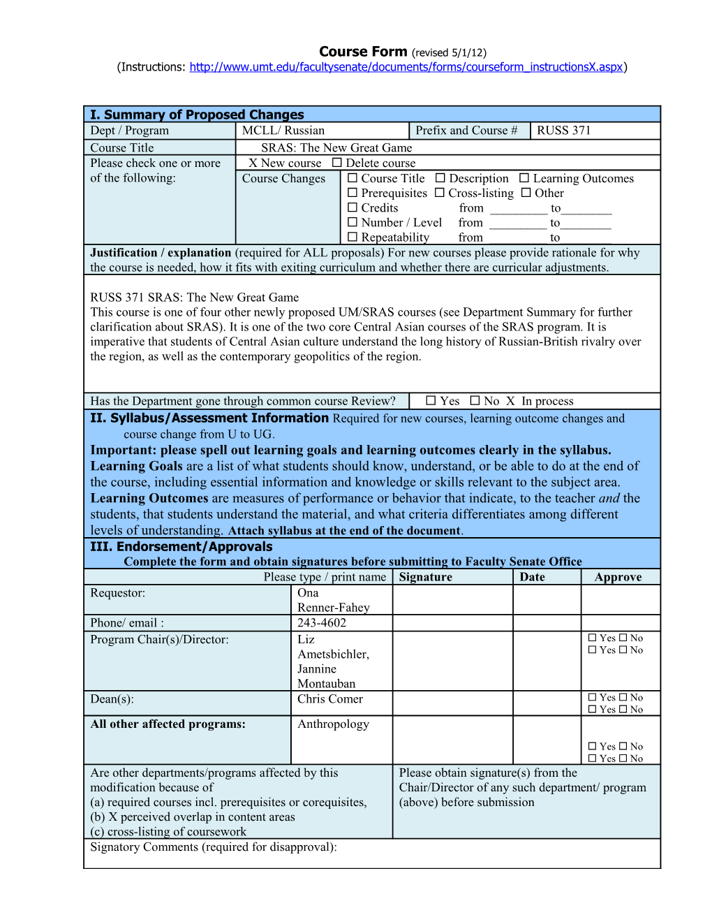 II.Syllabus/Assessment Informationrequired for New Courses, Learning Outcome Changes And