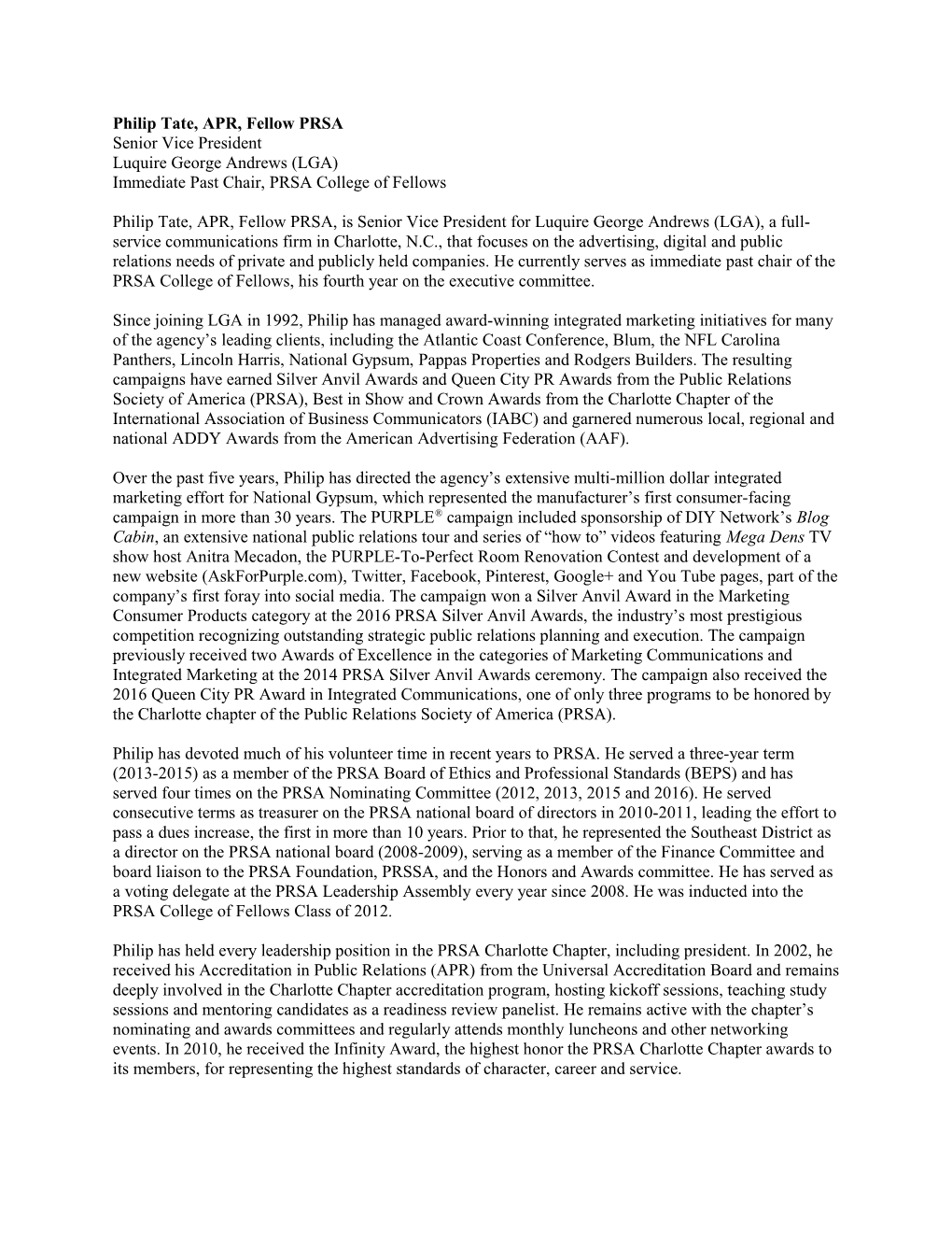 Philip Tate, APR, Fellow PRSA