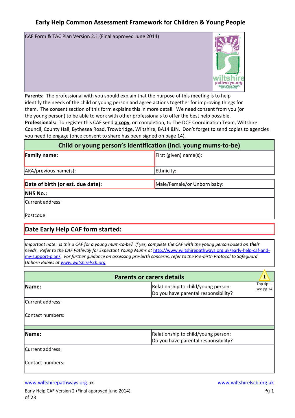 Early Help Common Assessment Framework for Children & Young People