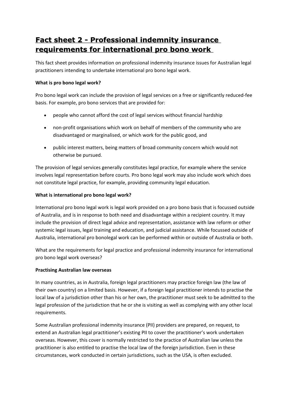 Fact Sheet 2 - Professional Indemnity Insurance Requirements for International Pro Bono Work