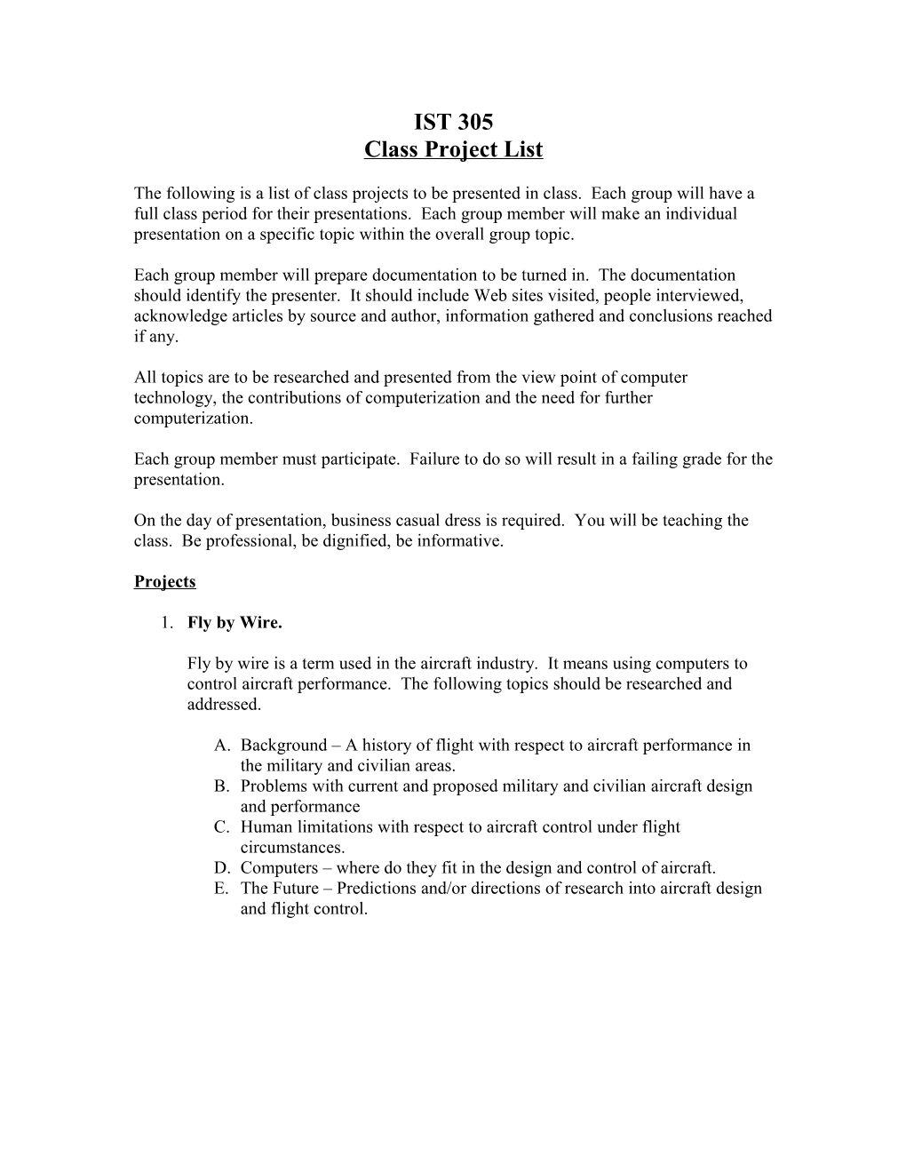 Class Project List