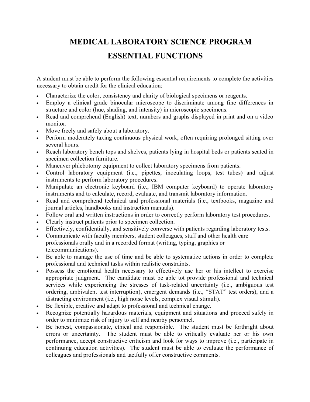 Medical Laboratory Science Program Essential Functions