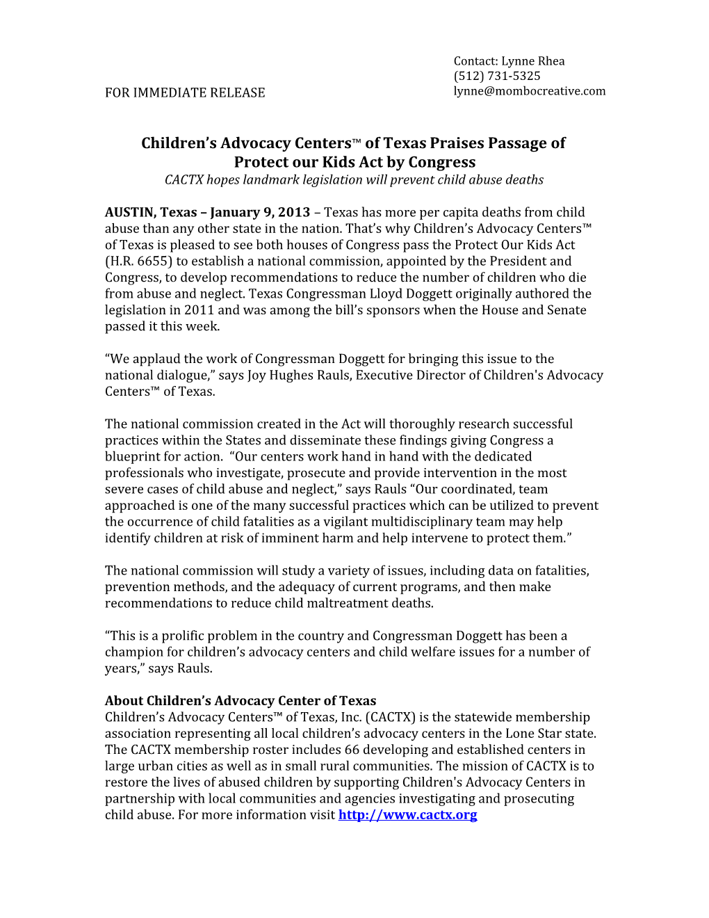 Children S Advocacy Centers of Texaspraises Passage Of
