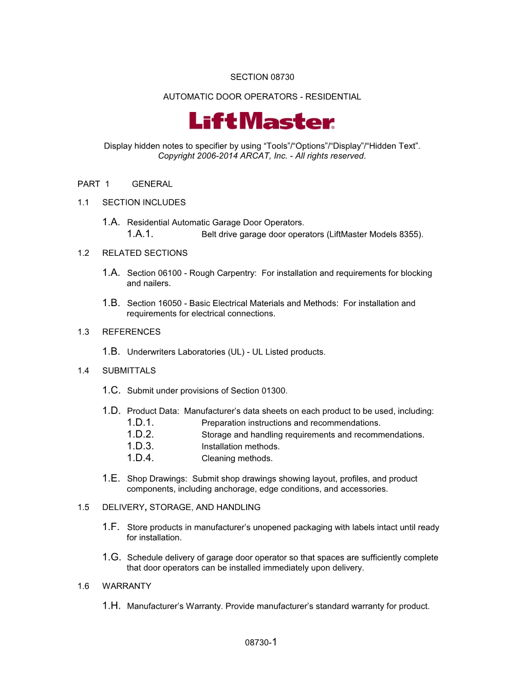 Section 08730 - Electric Door Operators - Residential