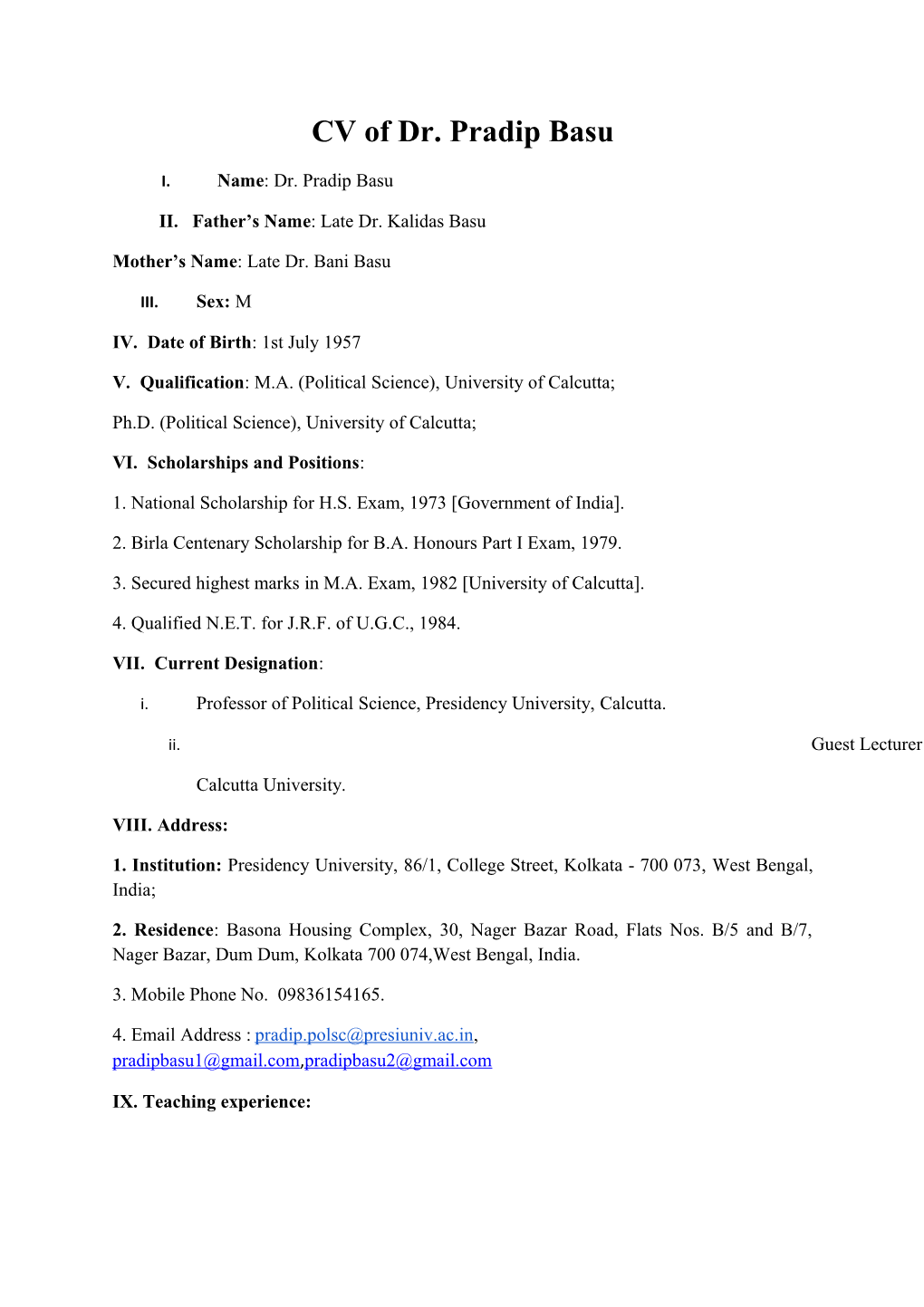 CV of Dr. Pradip Basu