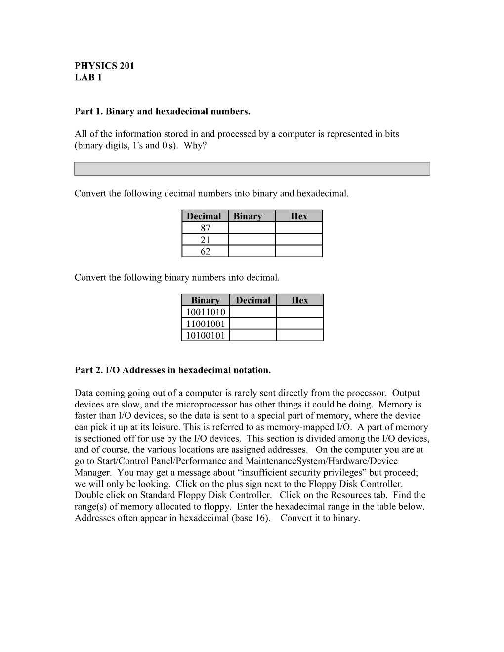 Part 1. Binary and Hexadecimal Numbers