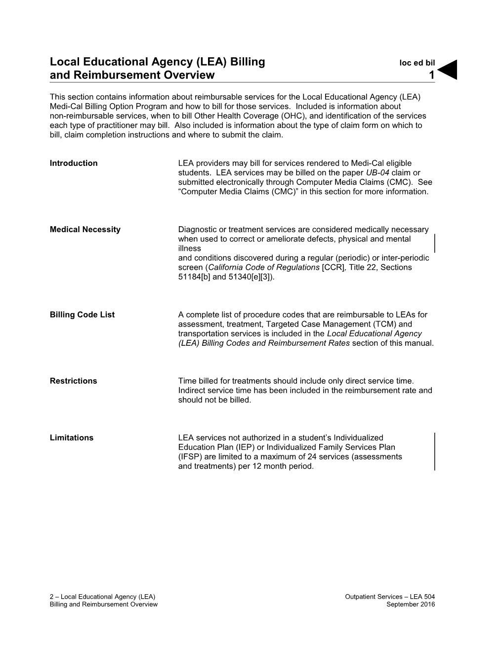 Local Educational Agency (LEA) Billing and Reimbursement Overview (Loc Ed Bil)