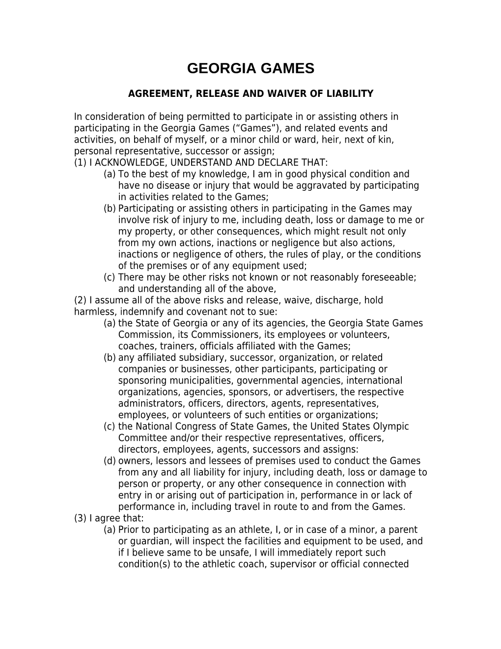 Agreement, Release and Waiver of Liability