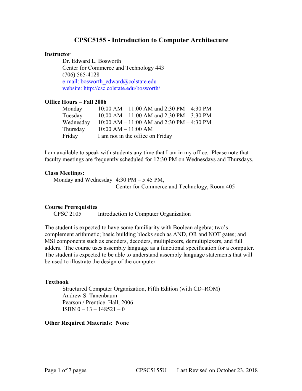 CPSC5155 - Introduction to Computer Architecture