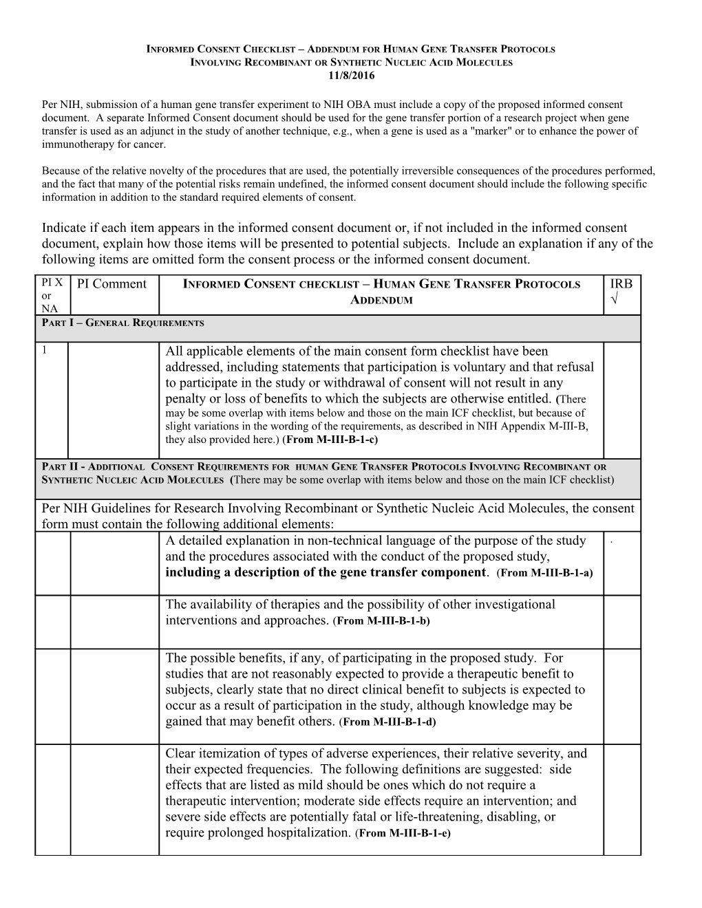 Consent Checklist Additional Elements for Genetic Research