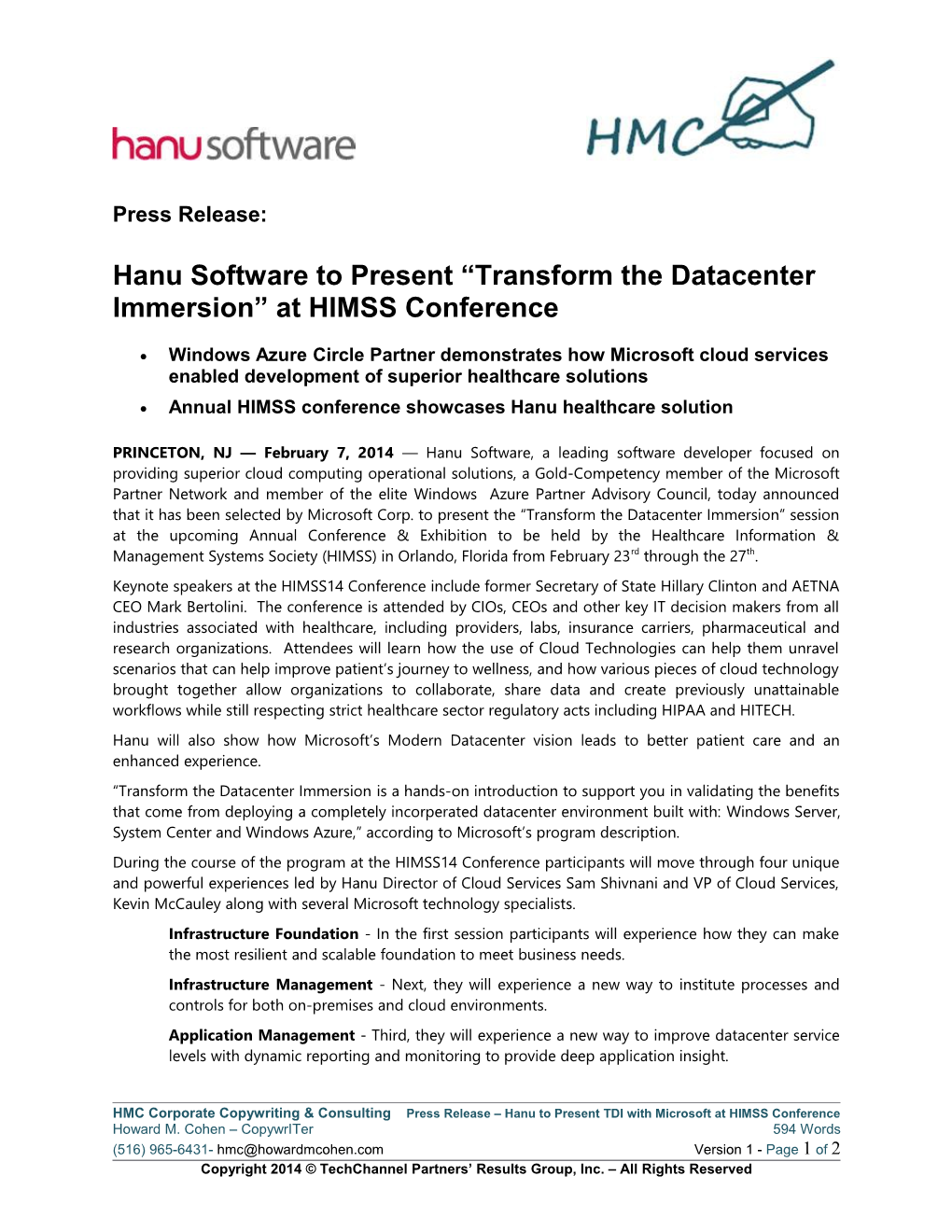 Hanu Software to Present Transform the Datacenter Immersion at HIMSS Conference