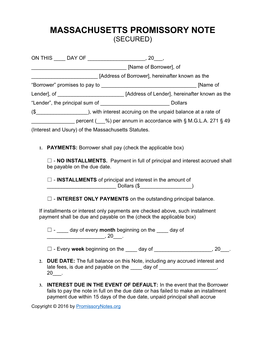 Massachusetts Secured Promissory Note