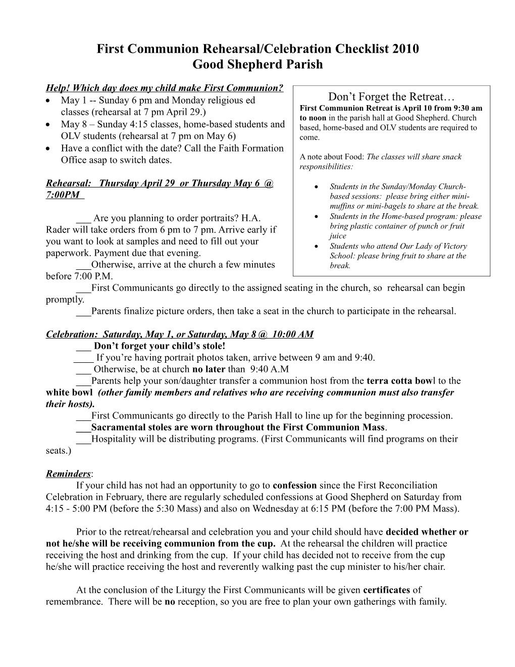 First Communion Rehearsal/Celebration Checklist