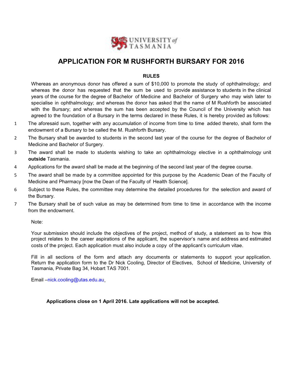 M Rushforth Bursary Form 2013