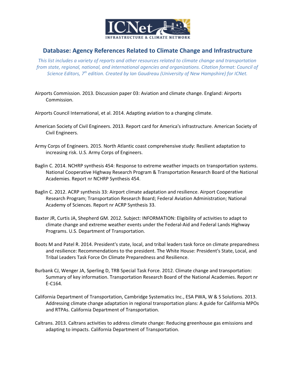 Database: Agency References Related to Climate Change and Infrastructure