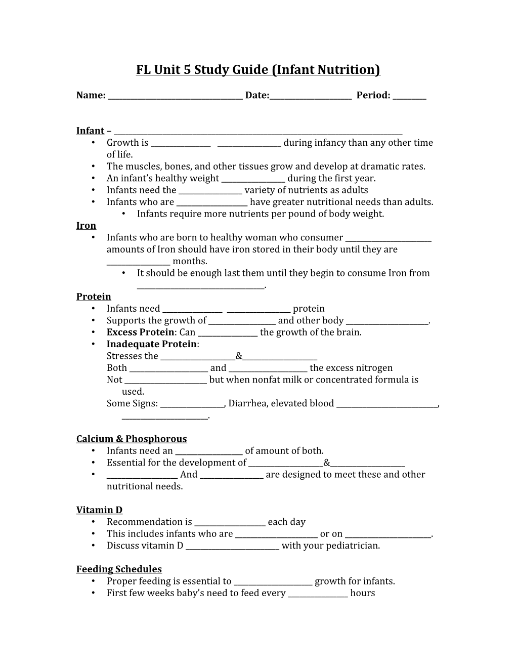 FL Unit 5 Study Guide (Infant Nutrition)