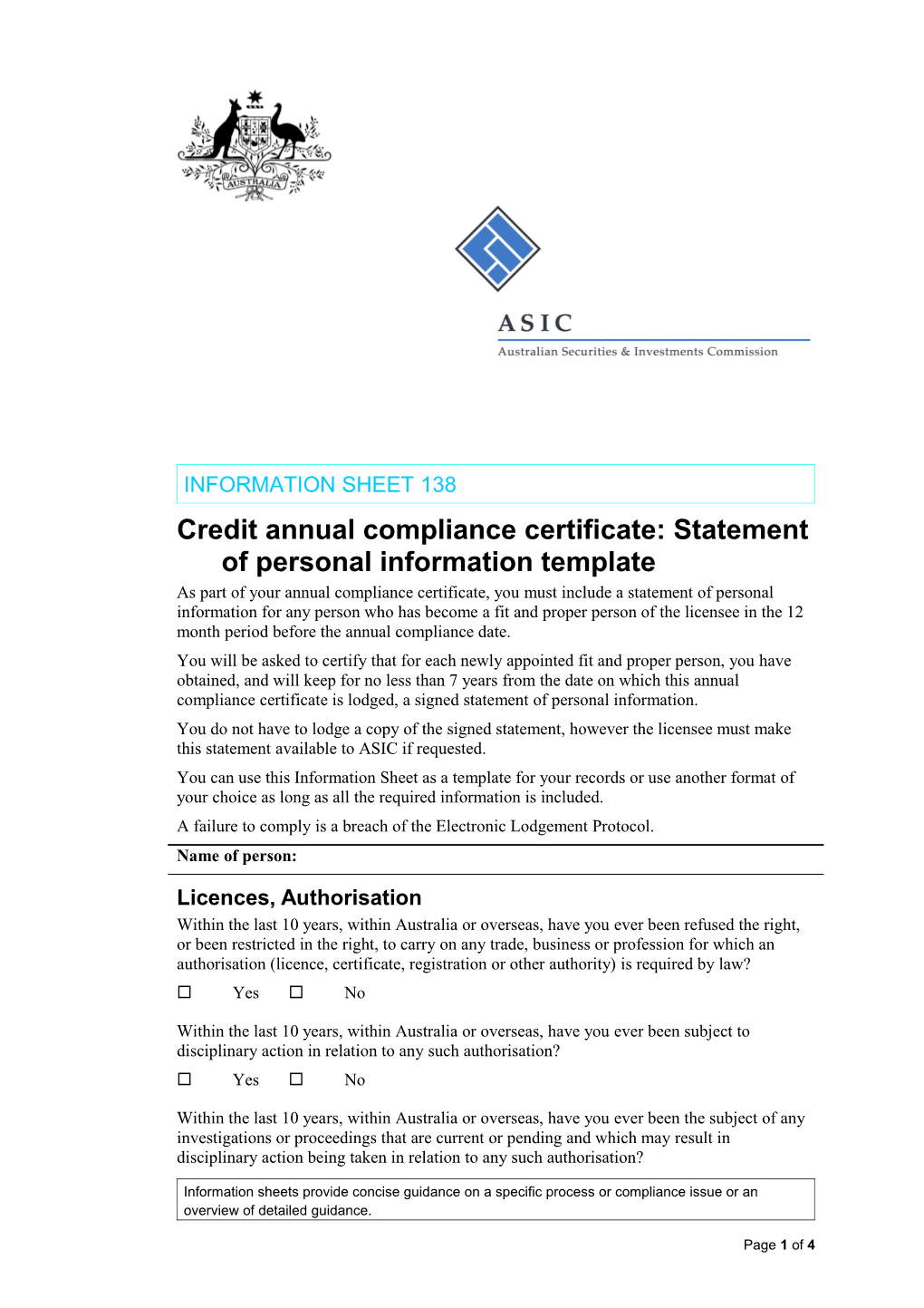 Credit Annual Compliance Certificate: Statement of Personal Information TEMPLATE