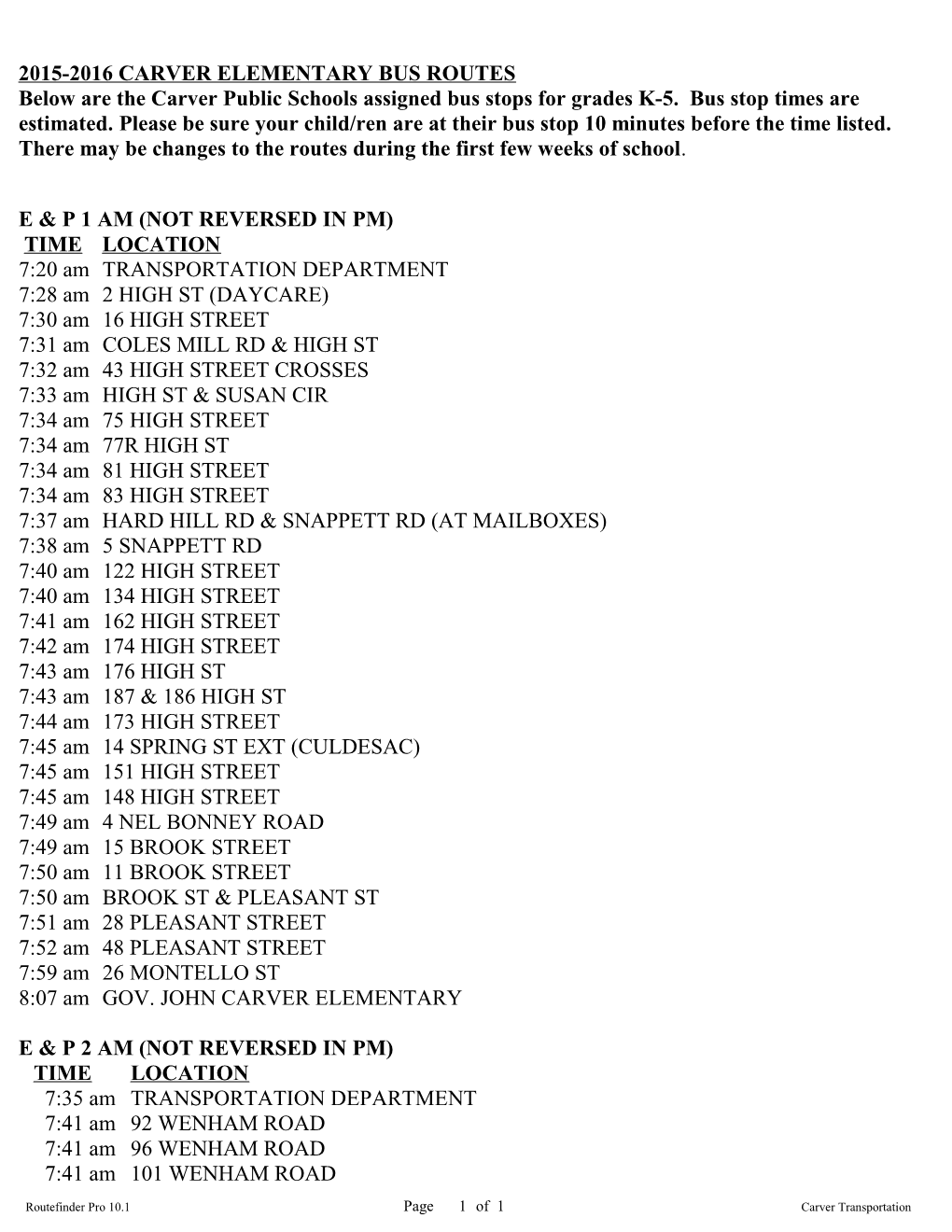 2015-2016 Carver Elementary Bus Routes