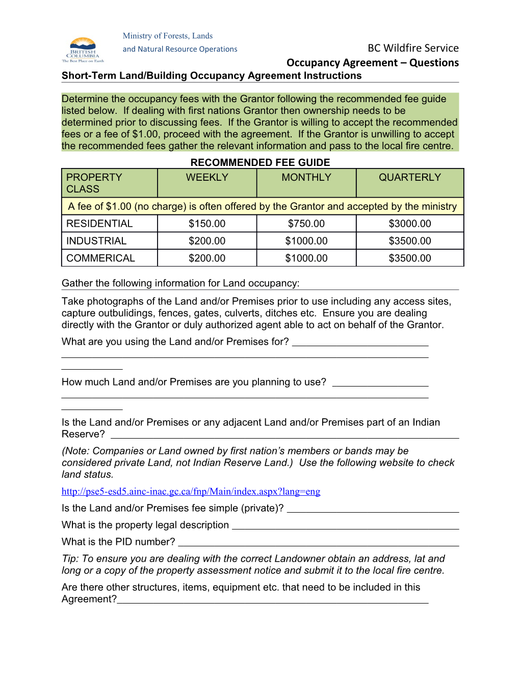 Short-Term Land/Building Occupancy Agreement Instructions