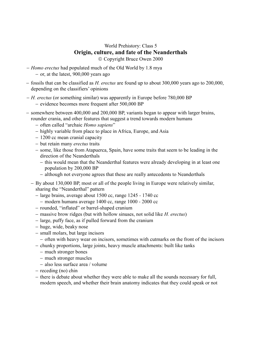 World Prehistory S 2000 / Owen: Neanderthals P. 1