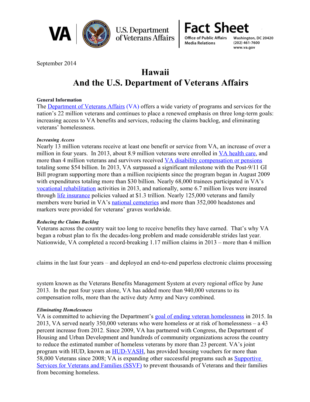 Hawaiiand the U.S. Department of Veterans Affairs