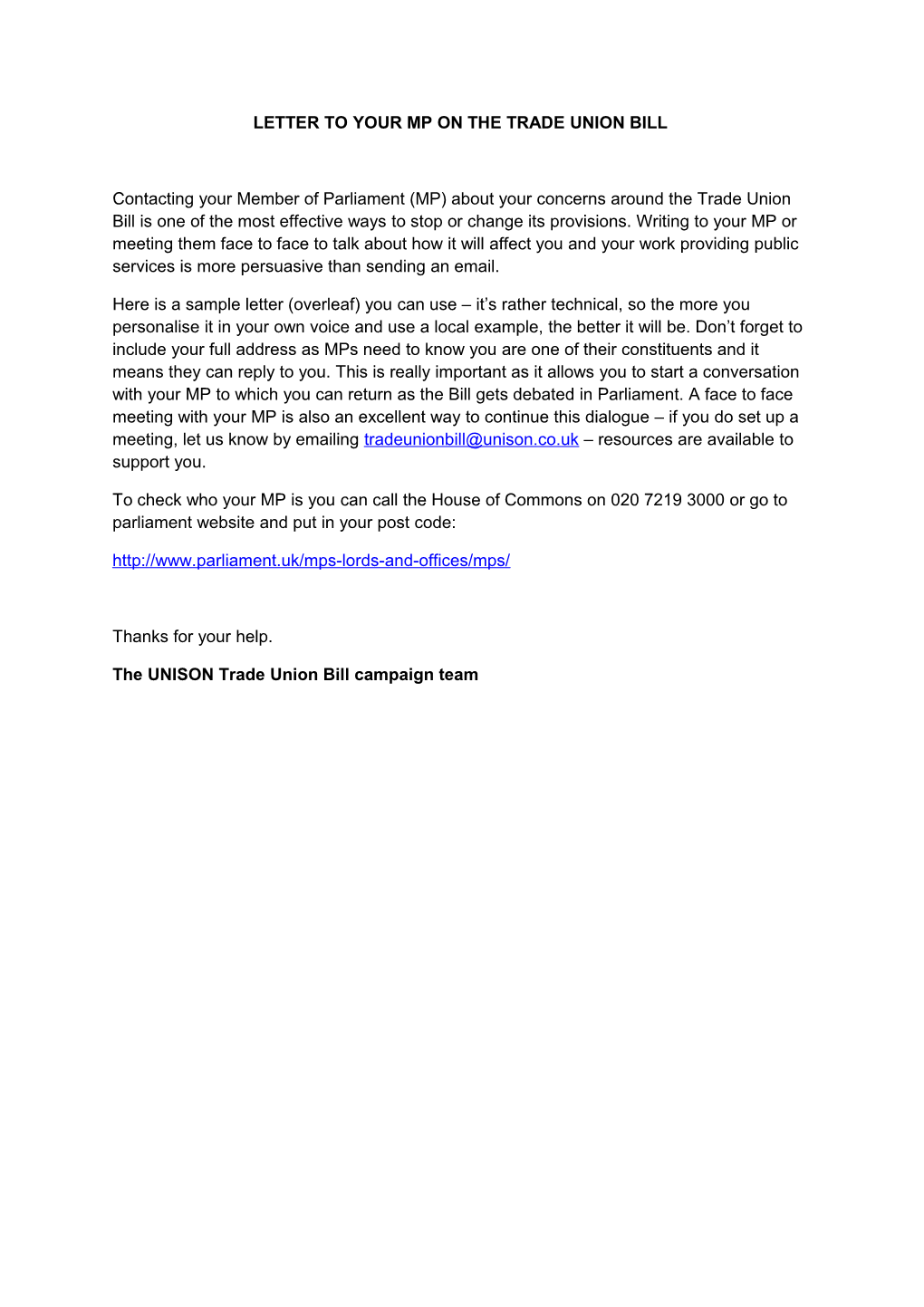 Letter to Your Mp on the Trade Union Bill