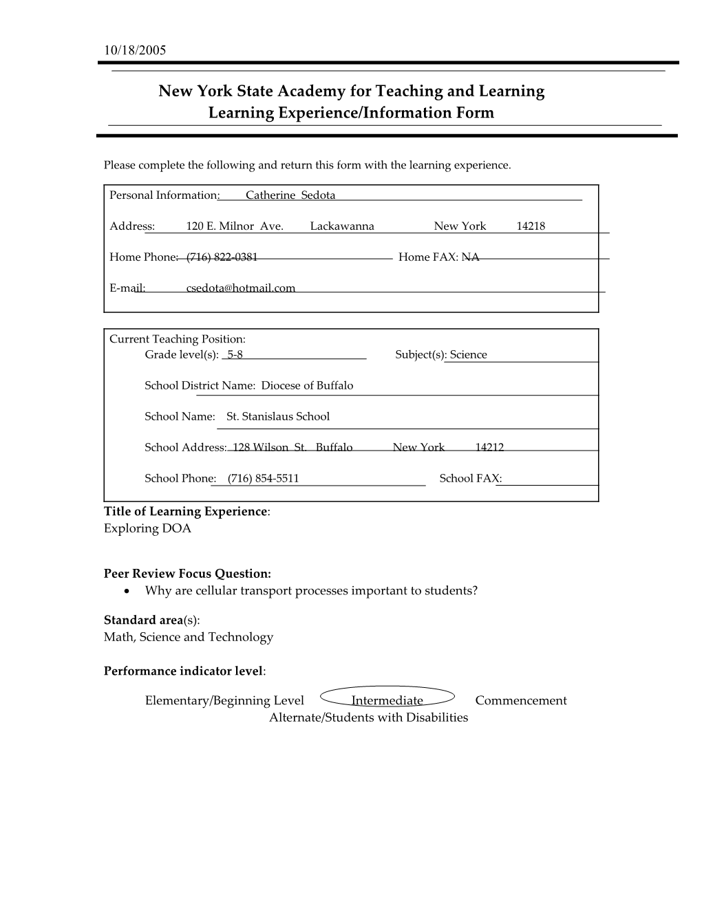 Learning Experience/Information Form