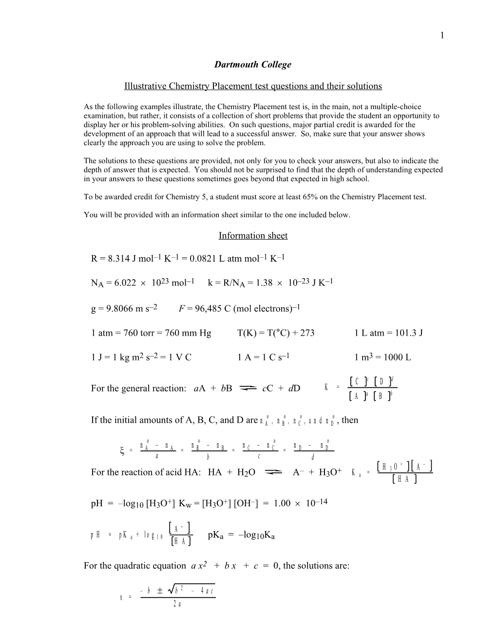 Illustrative Chemistry Placement Test Questions and Their Solutions