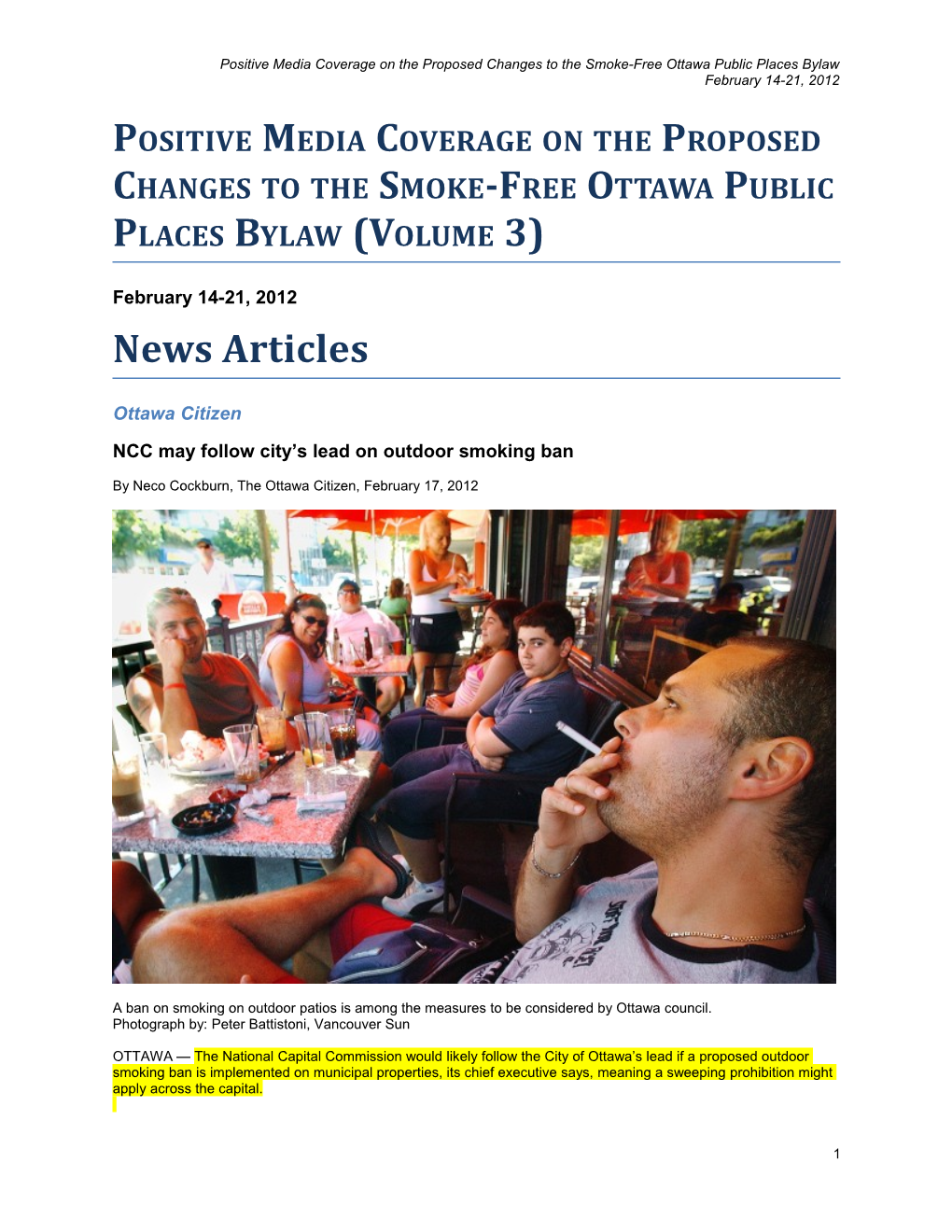 Positive Media Coverage on the Proposed Changes to the Smoke-Free Ottawa Public Places Bylaw