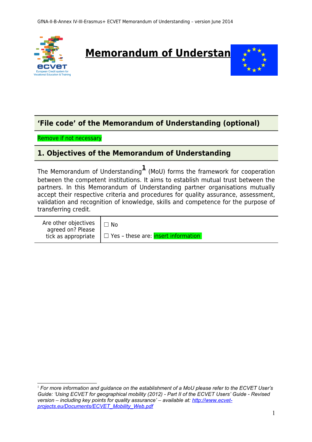 Gfna-II-B-Annex IV-III-Erasmus+ ECVET Memorandum of Understanding Version June 2014