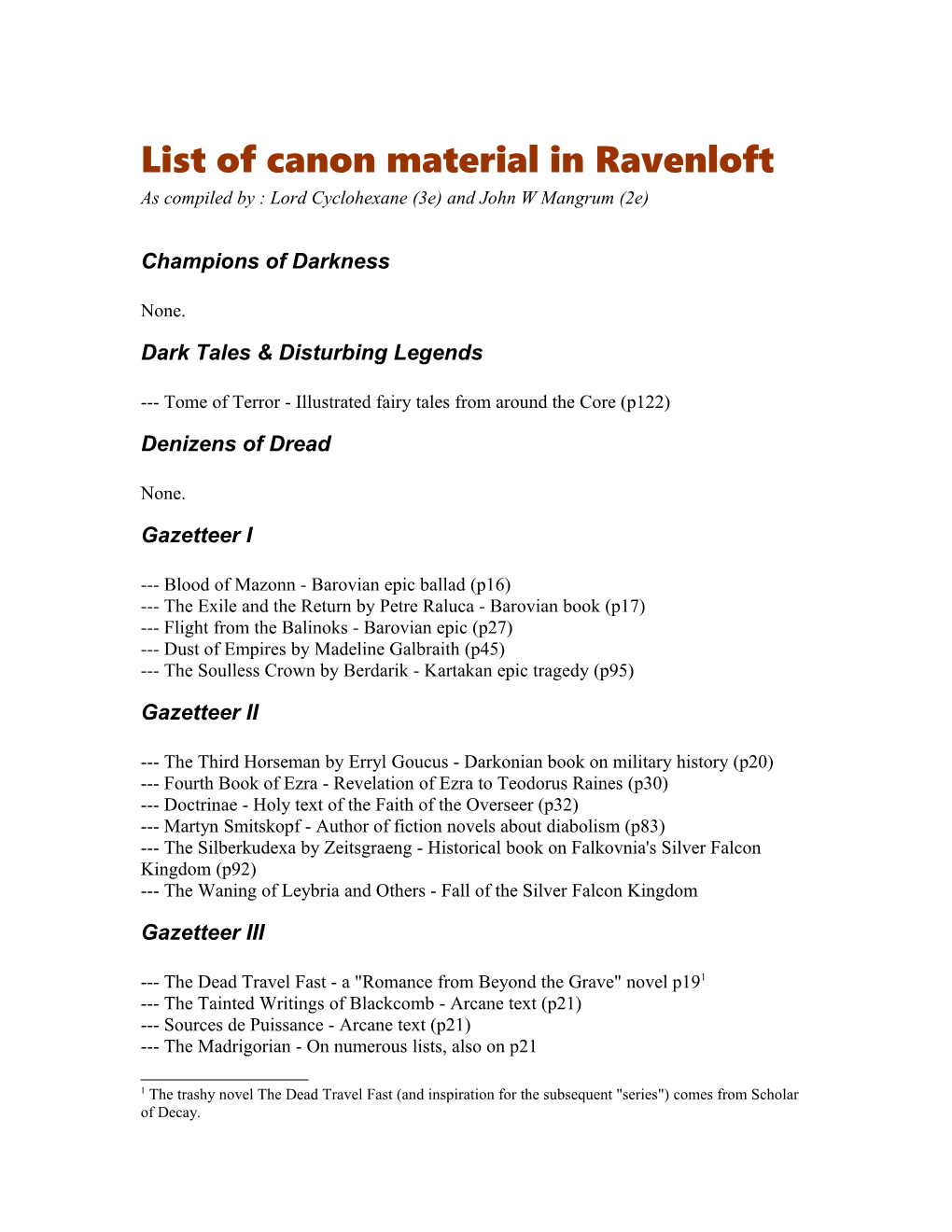 List of Named Printed Material in Ravenloft