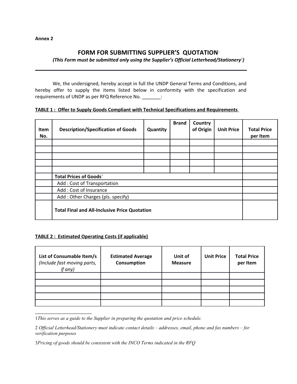 Form for Submitting Supplier S Quotation 1