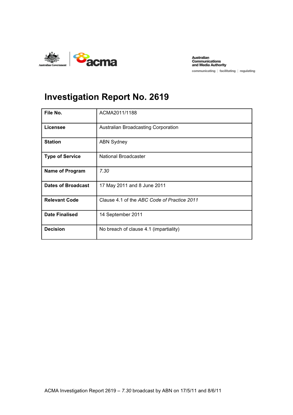 ABN - ACMA Investigation Report 2619