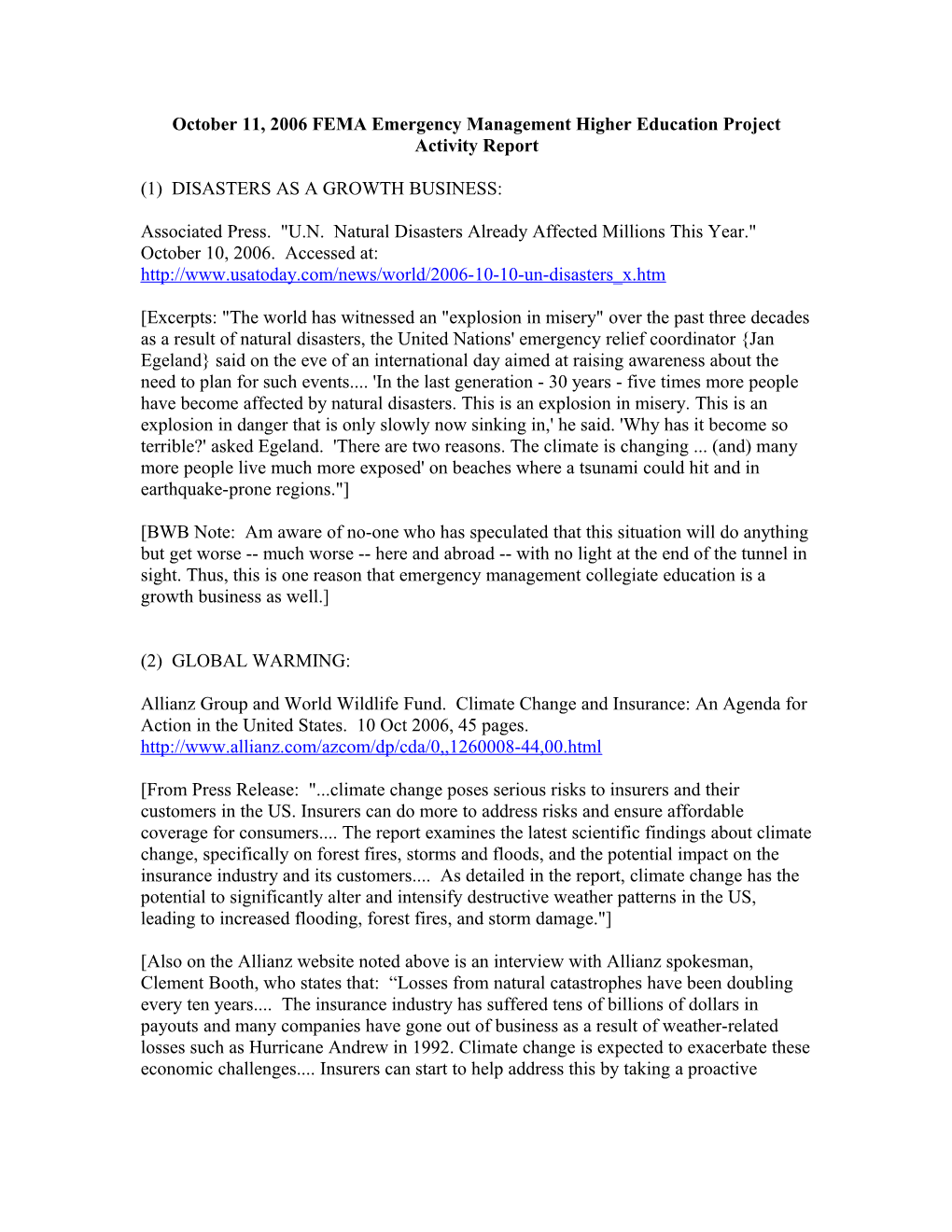 October 11, 2006 FEMA Emergency Management Higher Education Project Activity Report