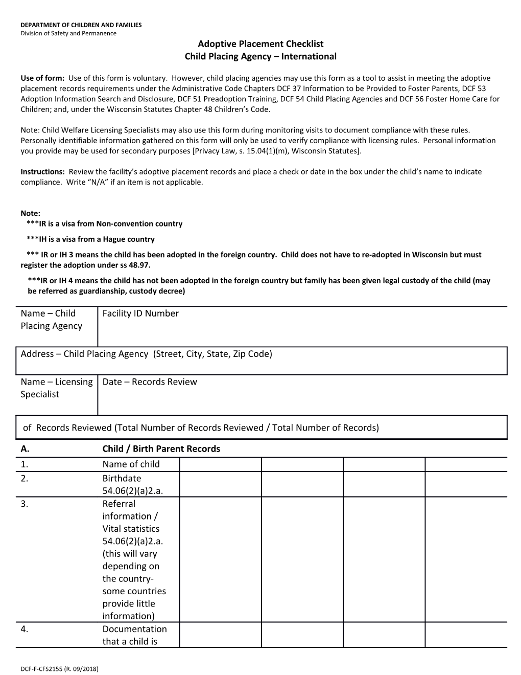 Adoptive Placement Checklist-Child Placing Agency-International