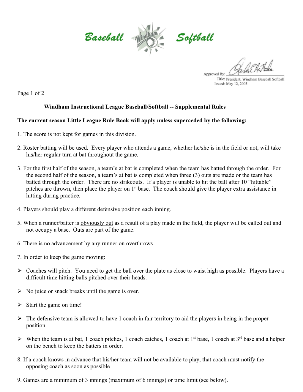 Windham Instructional League Baseball/Softball Supplemental Rules