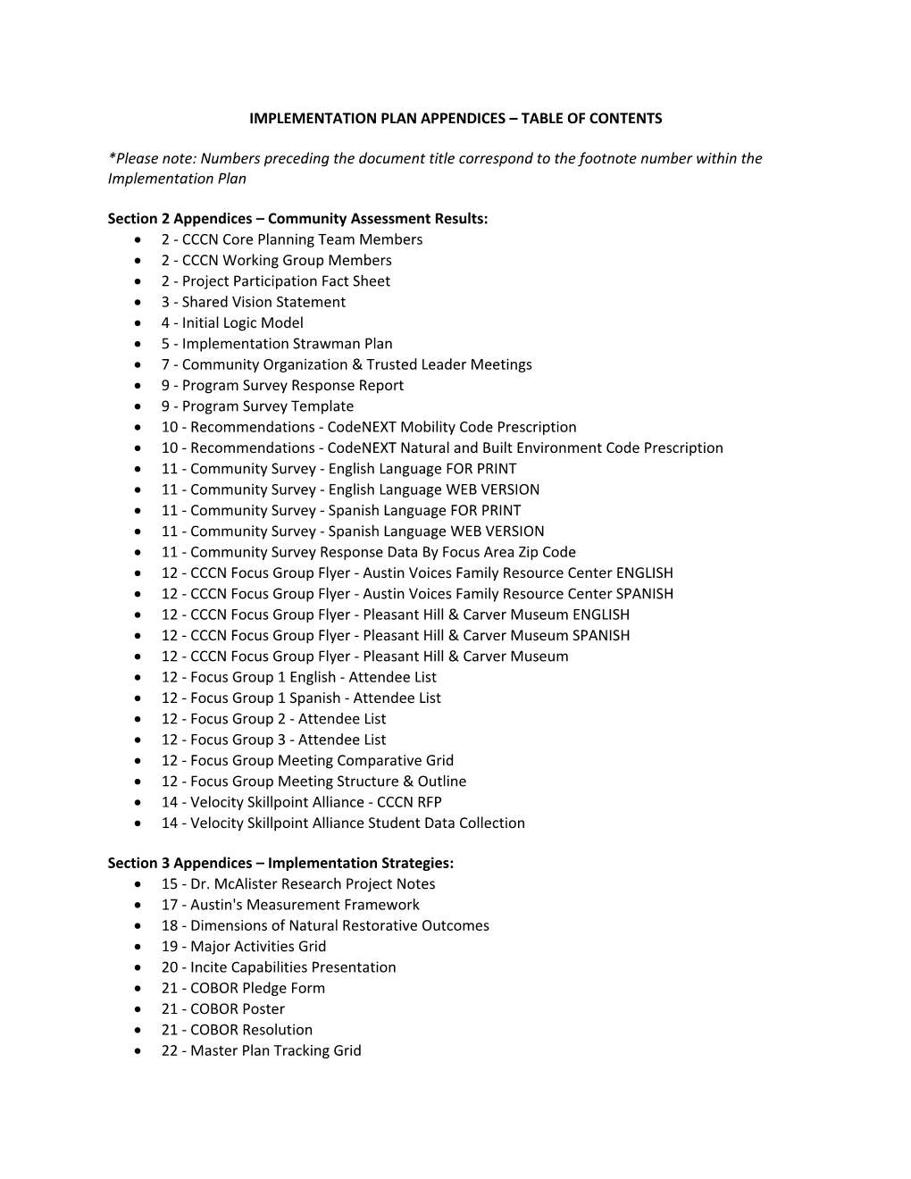 Implementation Plan Appendices Table of Contents