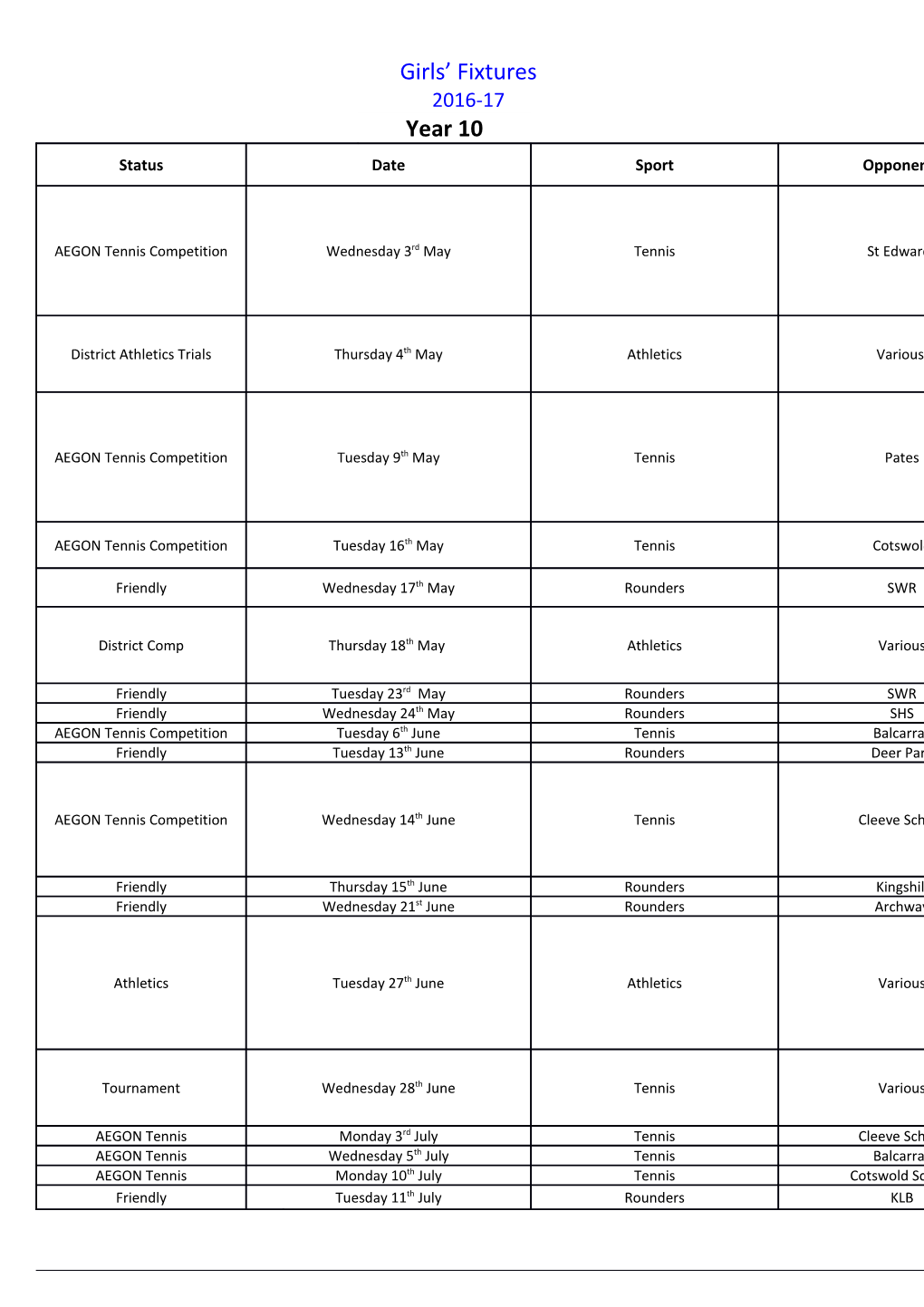 Girls Fixtures