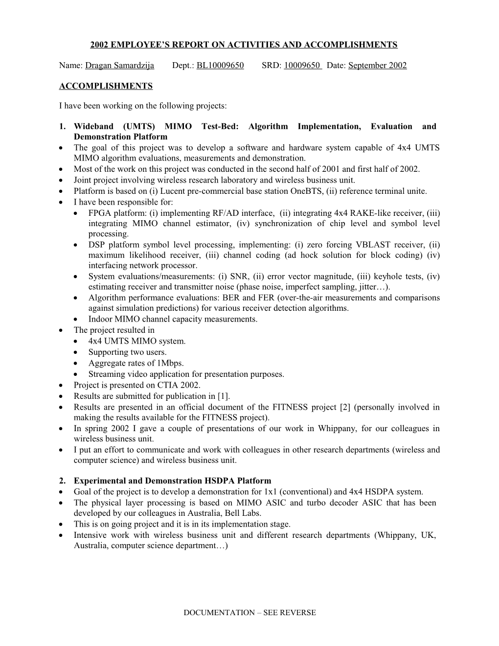 2002 Employee S Report on Activities and Accomplishments