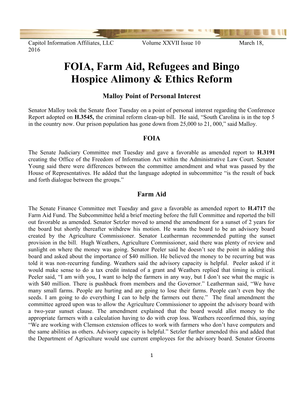 FOIA, Farm Aid, Refugees and Bingo