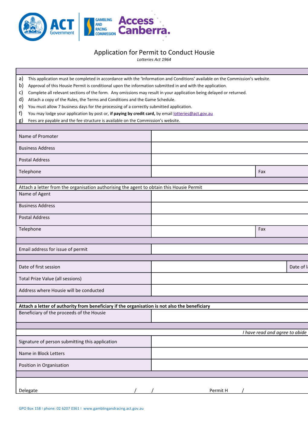 Application for Permit to Conduct Housie