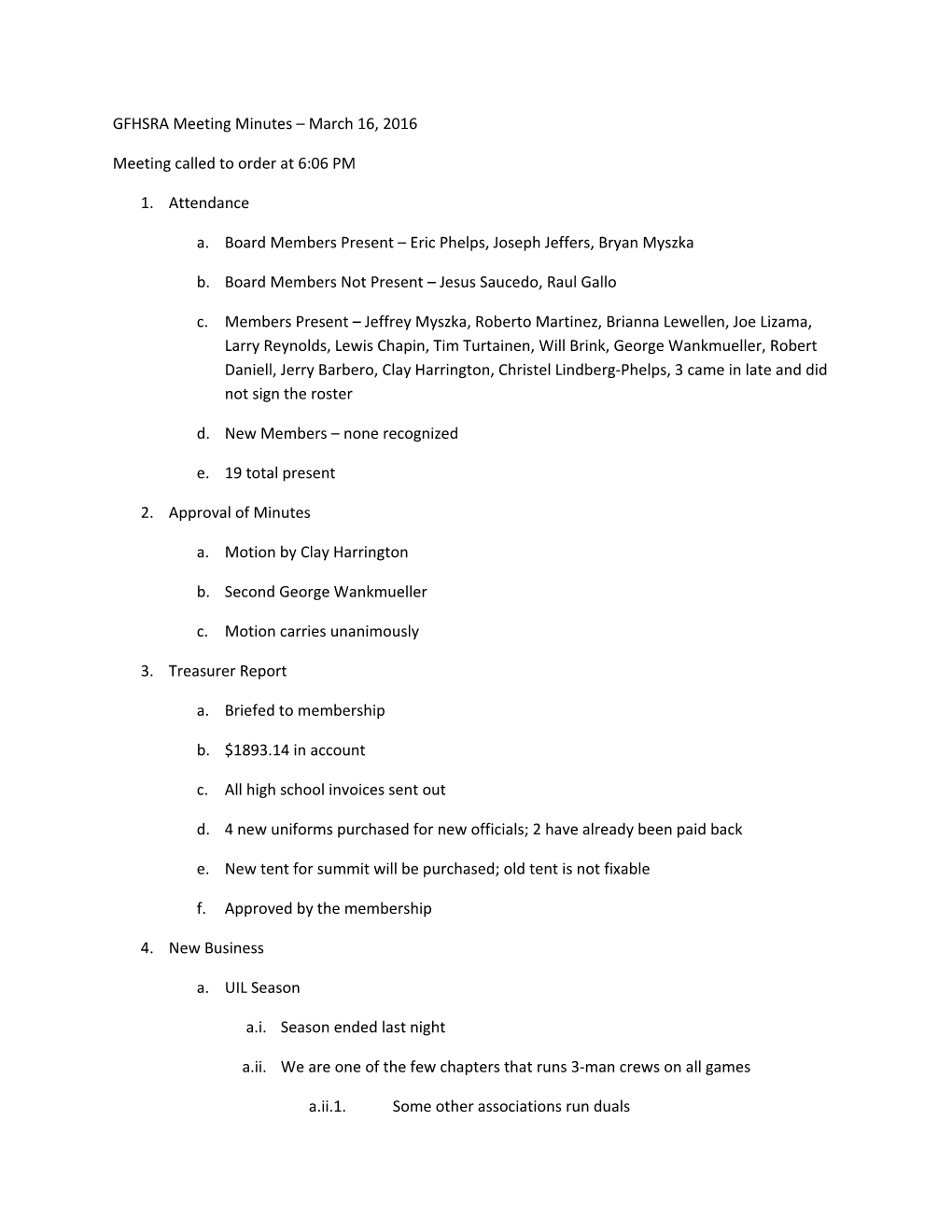 GFHSRA Meeting Minutes March 16, 2016