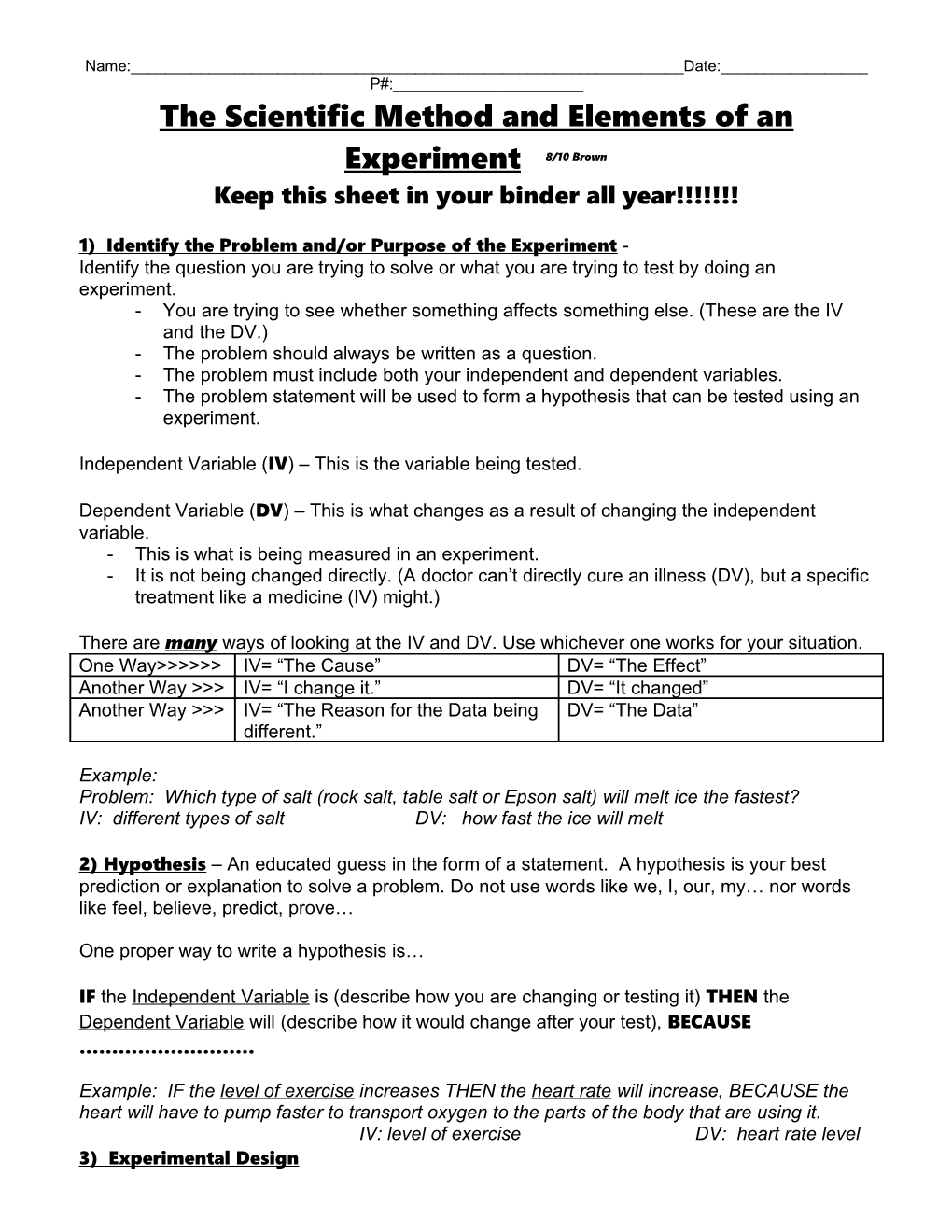 The Scientific Method and Elements of an Experiment 8/10 Brown