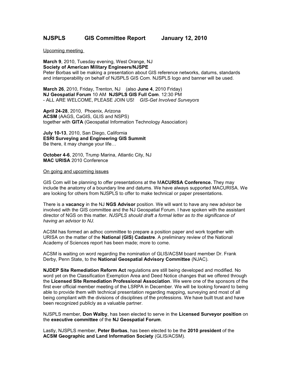 NJSPLS GIS Committee Report January 12, 2010