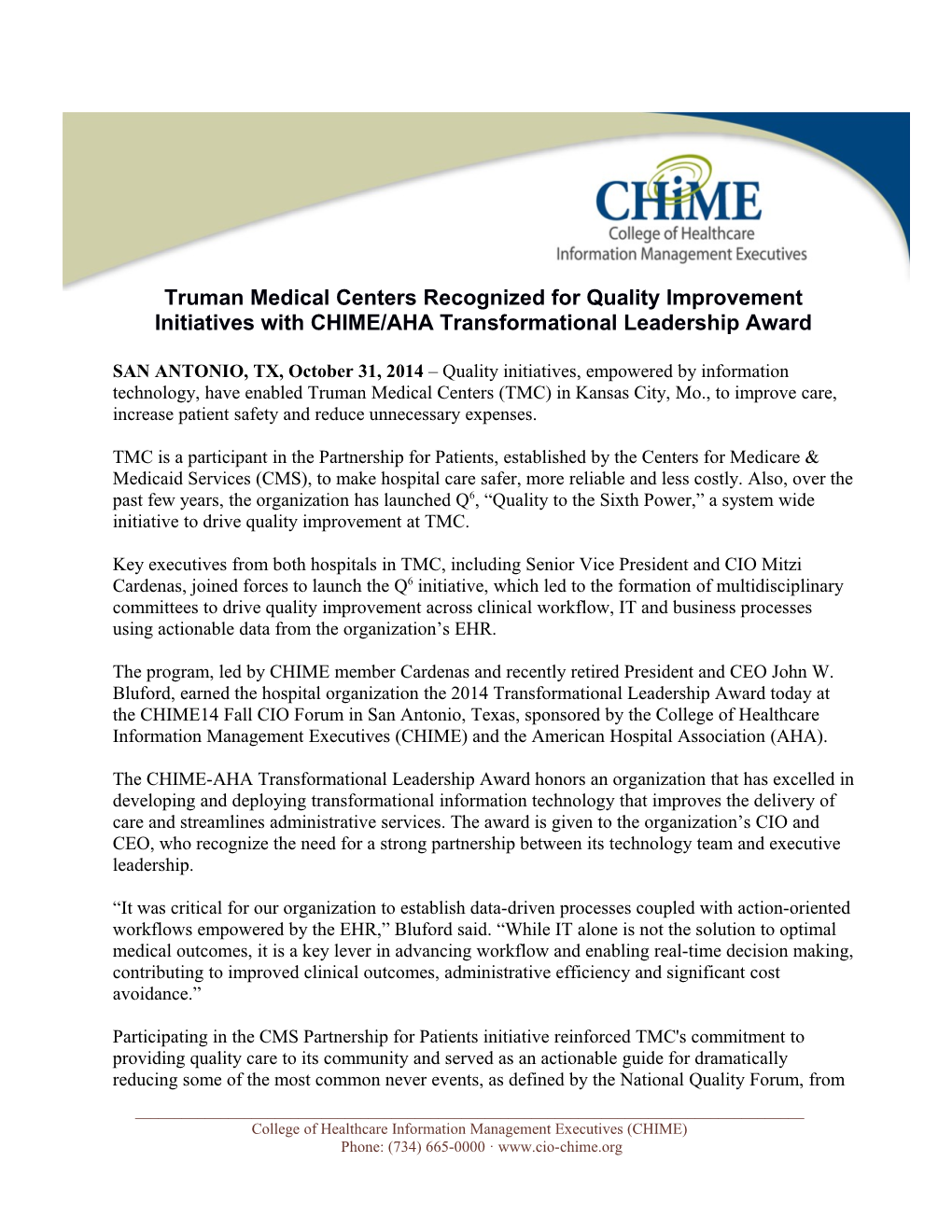 Truman Medical Centersrecognized for Quality Improvement Initiatives with CHIME/AHA