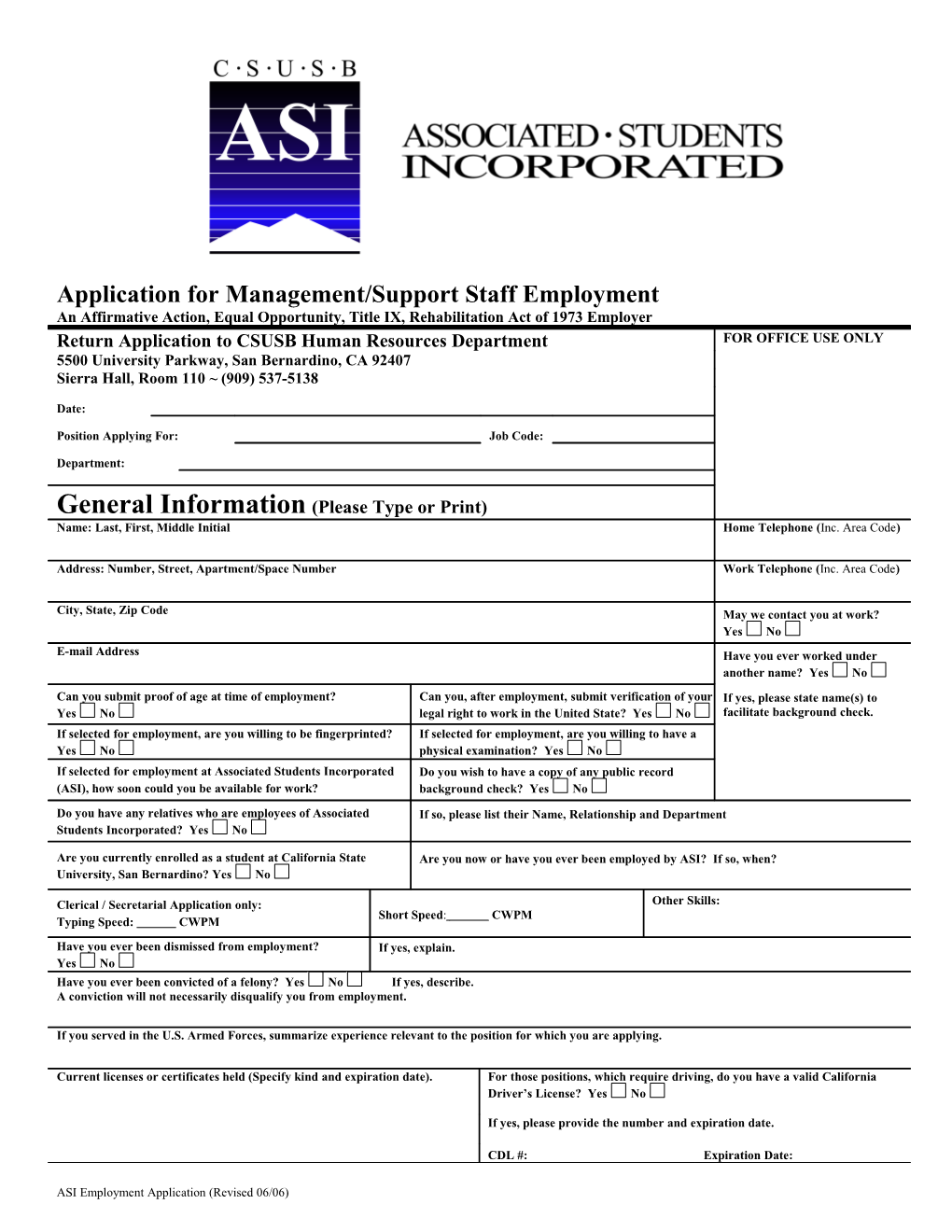 Application for Management/Support Staff Employment