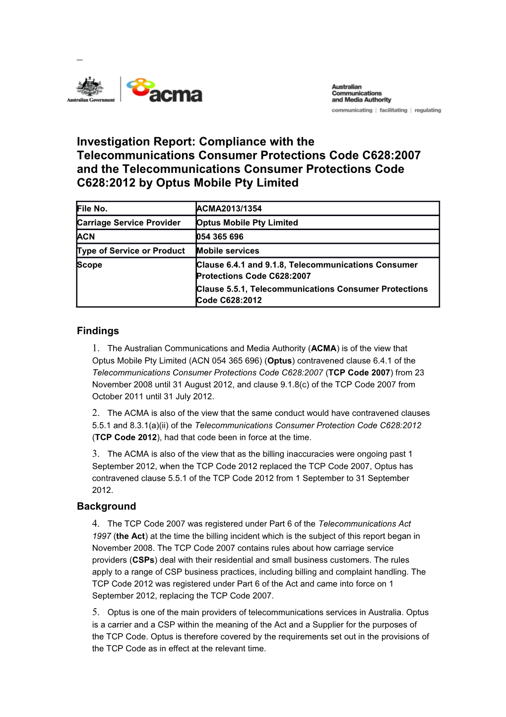 Investigation Report: Compliance with the Telecommunications Consumer Protections Code